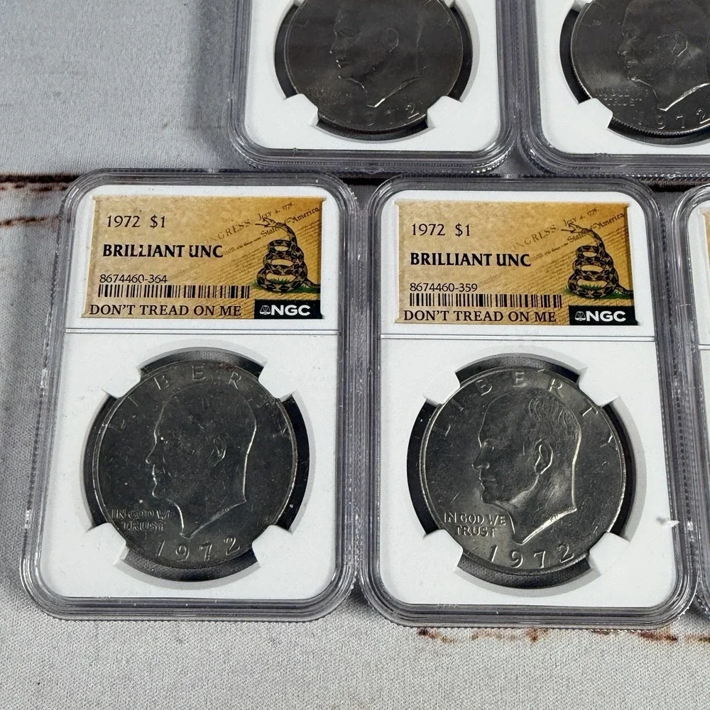 (5) 1972 Eisenhower Dollar Type 2 NGC Brilliant Unc (Don't Tread on Me Label)